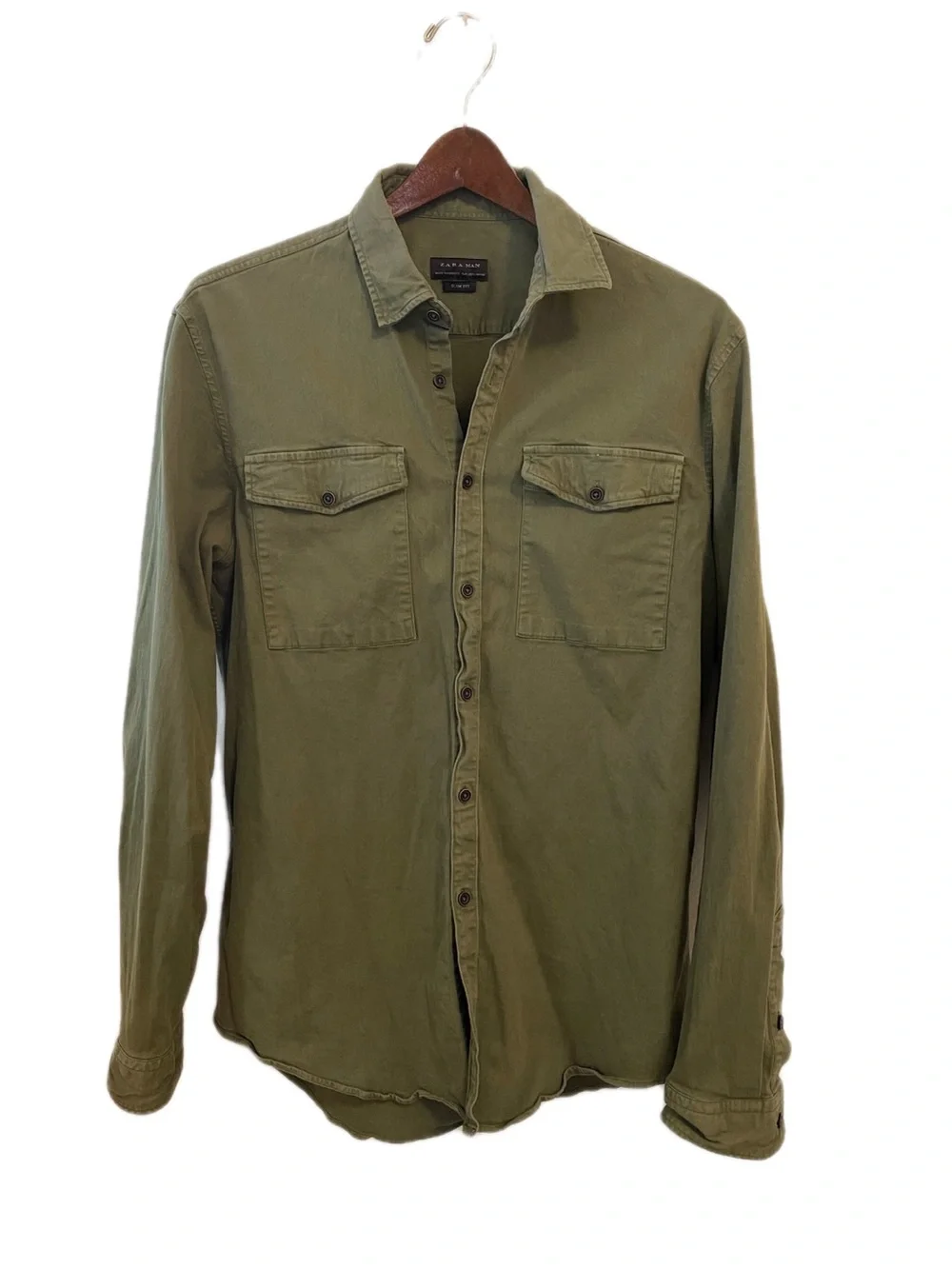 Zara Man Shirt Button Up Large Slim Fit Olive Green Utility Gorpcore Pockets